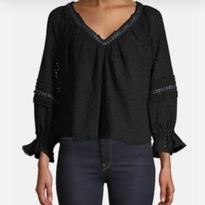 Free People Top Medium Darcy Eyelet Solid Black V Neck Crochet Velvet Ribbon